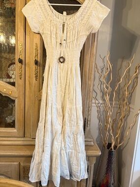 Cotton Made in Peru Bohemian White Maxi Dress with Smocked Bodice